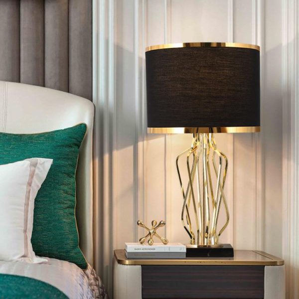 Contemporary Creative Fabric Metal Marble Curved Round 1-Light Table Lamp For Bedroom - Image 2