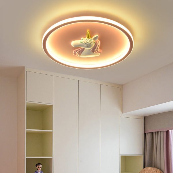 Modern Art Deco Kids Acrylic Iron Unicorn Round LED Flush Mount Ceiling Light For Bedroom & Living Room