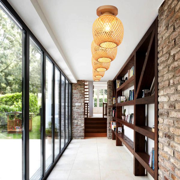 Traditional Chinese Bamboo Wood Globe 1-Light Semi-Flush Mount Ceiling Light For Living Room