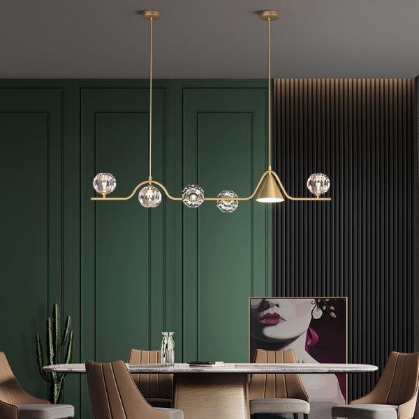 Contemporary Scandinavian Crystal Brass Conical Linear LED Chandelier Island Light For Dining Room - Image 3