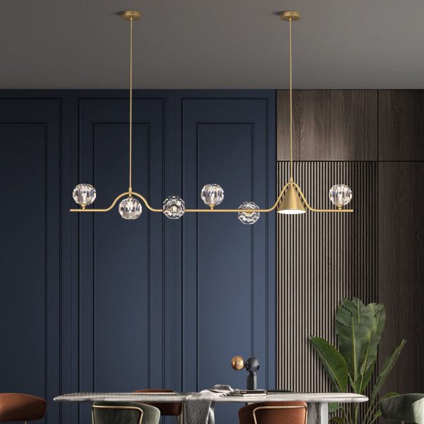 Contemporary Scandinavian Crystal Brass Conical Linear LED Chandelier Island Light For Dining Room - Image 2