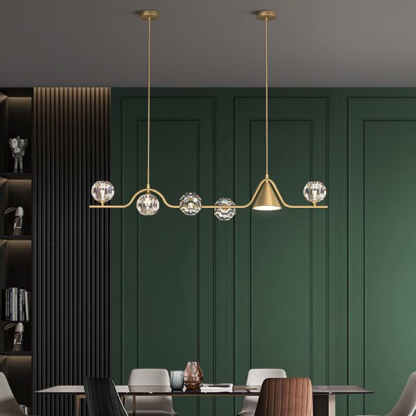 Contemporary Scandinavian Crystal Brass Conical Linear LED Chandelier Island Light For Dining Room - Image 17
