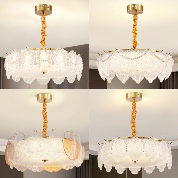 Traditional French Metal & Glass Round Shell Leaf LED Chandelier For Bedroom And Living Room - Image 7