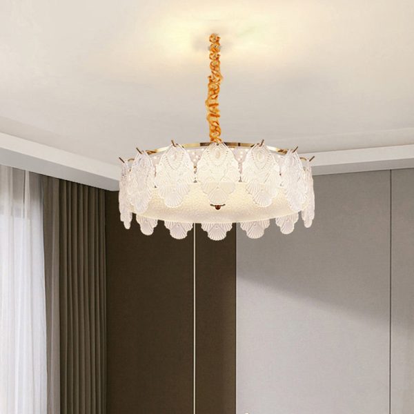 Traditional French Metal & Glass Round Shell Leaf LED Chandelier For Bedroom And Living Room - Image 4