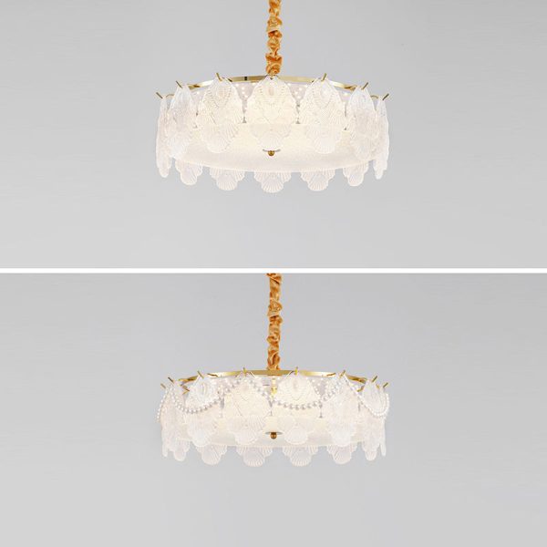 Traditional French Metal & Glass Round Shell Leaf LED Chandelier For Bedroom And Living Room - Image 27