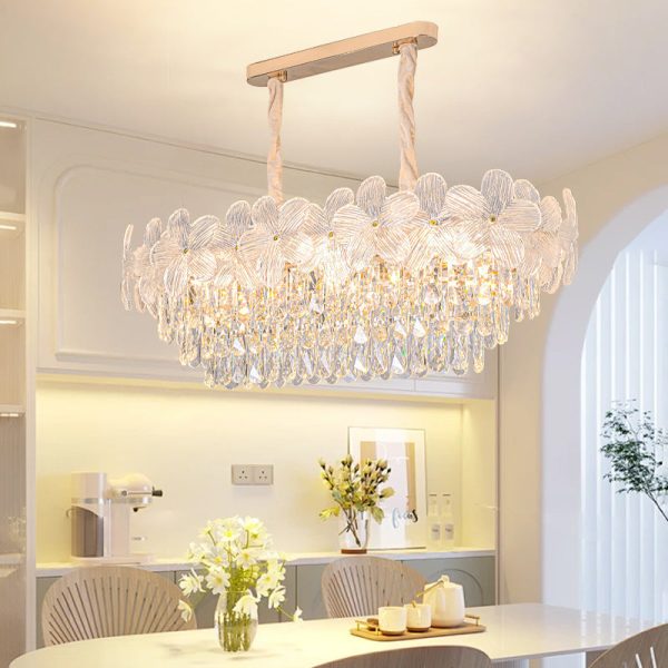 Traditional French Iron Crystal And Glass Frosted Floral Oval 10/12-Light Chandelier Island Light Ideal For Dining Room - Image 2