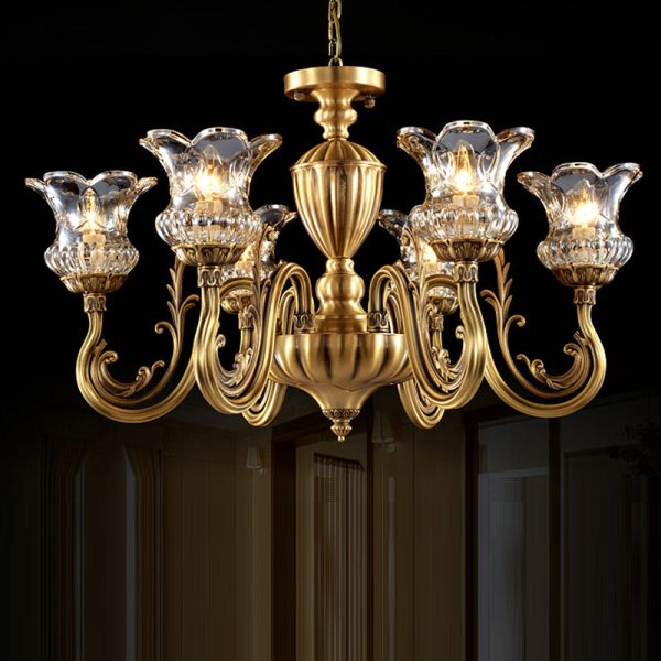 Traditional European Brass Glass Floral 3/8/10-Light Chandelier For Living Room And Bedroom