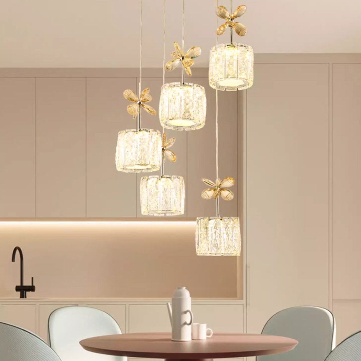 Modern Luxury Crystal & Stainless Steel Raindrop Cylinder Petal LED Chandelier Island Light For Dining Room & Living Room - Image 1