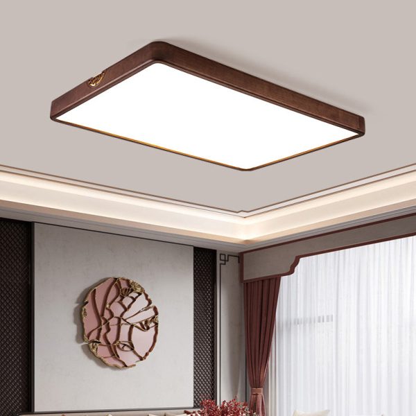 Traditional Chinese Rubberwood Metal Acrylic Square & Rectangular Hollow Pattern LED Flush Mount Ceiling Light For Living Room & Bedroom - Image 6