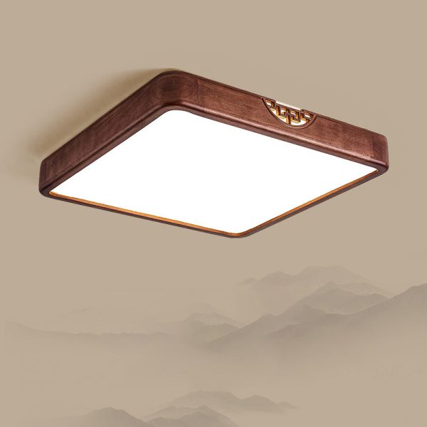 Traditional Chinese Rubberwood Metal Acrylic Square & Rectangular Hollow Pattern LED Flush Mount Ceiling Light For Living Room & Bedroom - Image 2