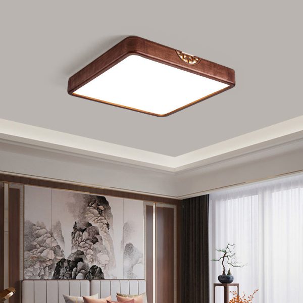 Traditional Chinese Rubberwood Metal Acrylic Square & Rectangular Hollow Pattern LED Flush Mount Ceiling Light For Living Room & Bedroom - Image 3