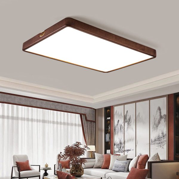 Traditional Chinese Rubberwood Metal Acrylic Square & Rectangular Hollow Pattern LED Flush Mount Ceiling Light For Living Room & Bedroom - Image 4