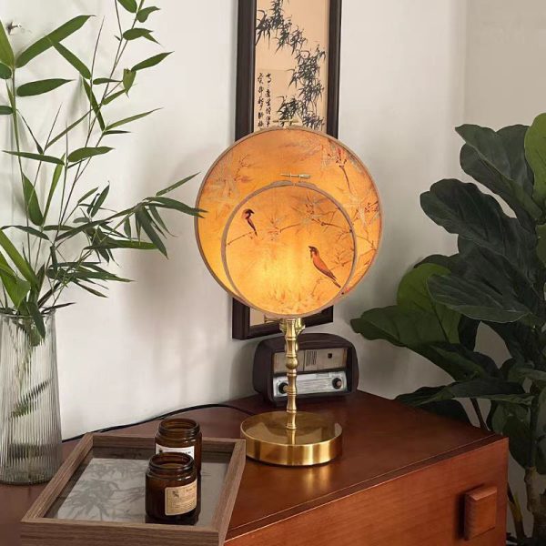 Traditional Chinese Fabric Copper And Wood Round Fan Bamboo Leaf 1-Light Table Lamp For Bedroom - Image 5