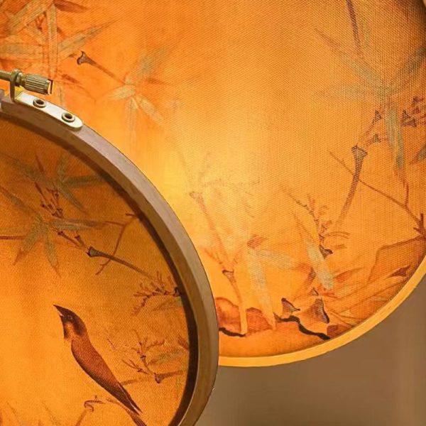 Traditional Chinese Fabric Copper And Wood Round Fan Bamboo Leaf 1-Light Table Lamp For Bedroom - Image 8
