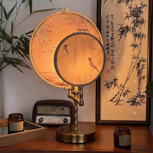 Traditional Chinese Fabric Copper And Wood Round Fan Bamboo Leaf 1-Light Table Lamp For Bedroom - Image 6