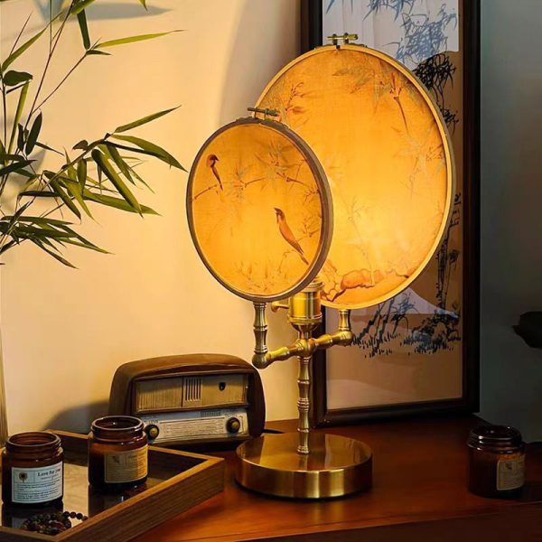 Traditional Chinese Fabric Copper And Wood Round Fan Bamboo Leaf 1-Light Table Lamp For Bedroom - Image 15