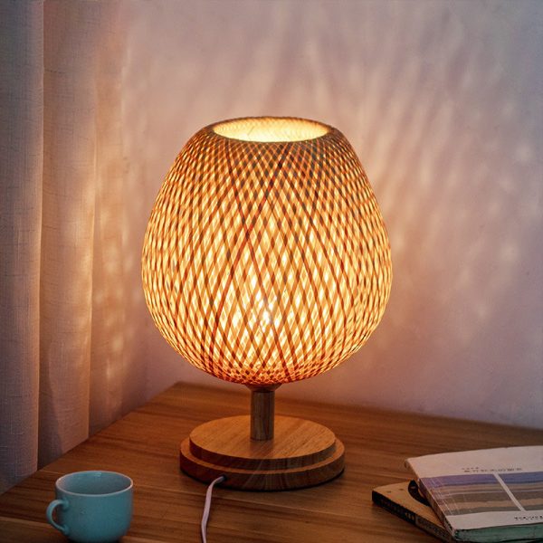 Traditional Japanese Weaving Bamboo Wood & Metal Oval 1-Light Table Lamp For Bedroom & Dining Room - Image 3