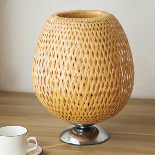 Traditional Japanese Weaving Bamboo Wood & Metal Oval 1-Light Table Lamp For Bedroom & Dining Room - Image 18