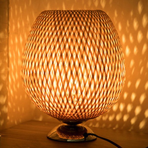 Traditional Japanese Weaving Bamboo Wood & Metal Oval 1-Light Table Lamp For Bedroom & Dining Room - Image 19