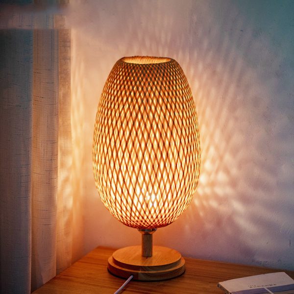 Traditional Japanese Weaving Bamboo Wood & Metal Oval 1-Light Table Lamp For Bedroom & Dining Room - Image 4