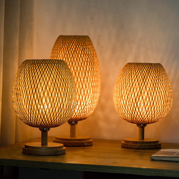 Traditional Japanese Weaving Bamboo Wood & Metal Oval 1-Light Table Lamp For Bedroom & Dining Room