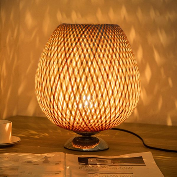Traditional Japanese Weaving Bamboo Wood & Metal Oval 1-Light Table Lamp For Bedroom & Dining Room - Image 5