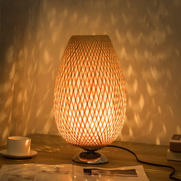 Traditional Japanese Weaving Bamboo Wood & Metal Oval 1-Light Table Lamp For Bedroom & Dining Room - Image 21