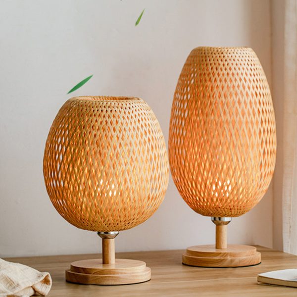 Traditional Japanese Weaving Bamboo Wood & Metal Oval 1-Light Table Lamp For Bedroom & Dining Room - Image 15