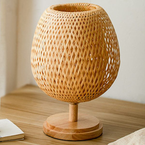 Traditional Japanese Weaving Bamboo Wood & Metal Oval 1-Light Table Lamp For Bedroom & Dining Room - Image 6