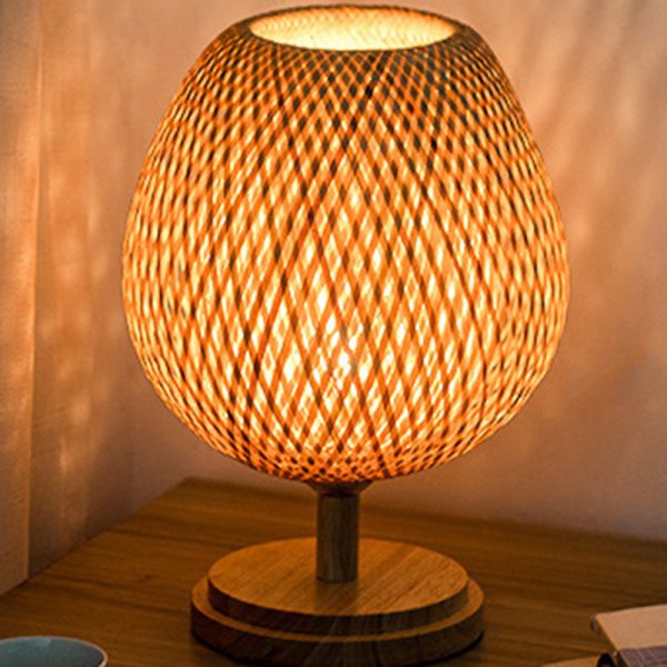 Traditional Japanese Weaving Bamboo Wood & Metal Oval 1-Light Table Lamp For Bedroom & Dining Room - Image 16