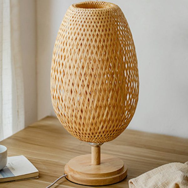 Traditional Japanese Weaving Bamboo Wood & Metal Oval 1-Light Table Lamp For Bedroom & Dining Room - Image 7
