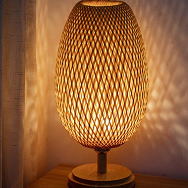 Traditional Japanese Weaving Bamboo Wood & Metal Oval 1-Light Table Lamp For Bedroom & Dining Room - Image 17
