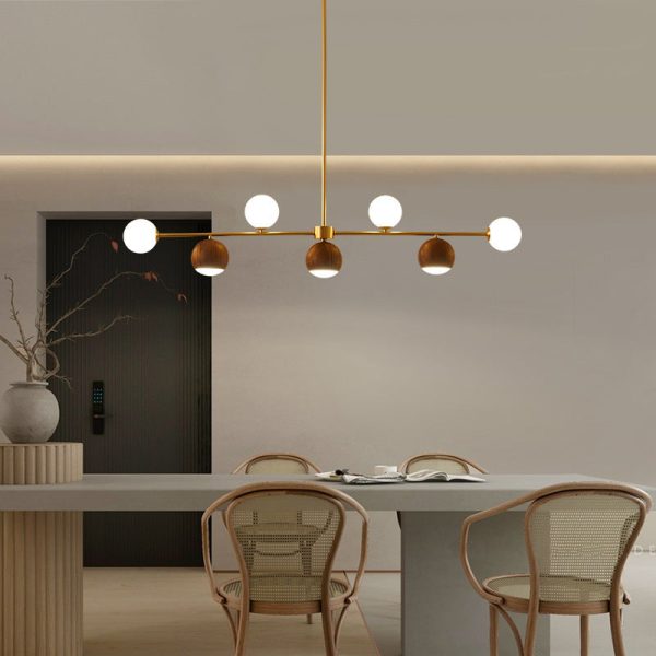 Contemporary Nordic Walnut Brass Glass Ball 4-Light LED Chandelier Island Light For Dining Room