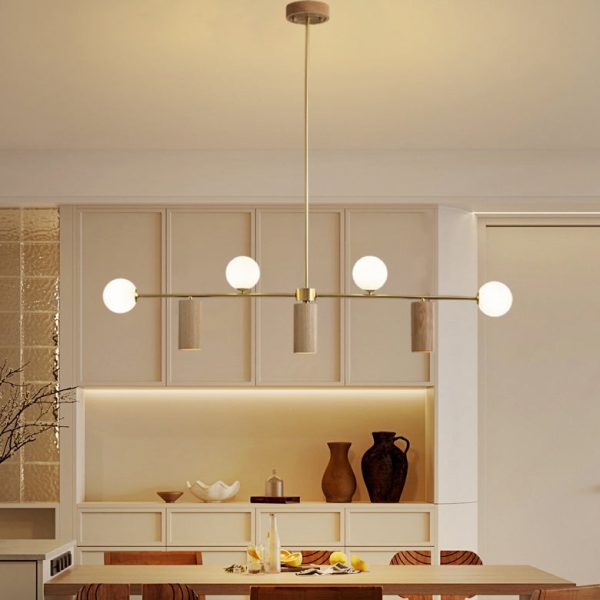 Contemporary Nordic Walnut Brass Glass Ball & Cylinder Spotlight 4-Light LED Chandelier Island Light For Dining Room - Image 2