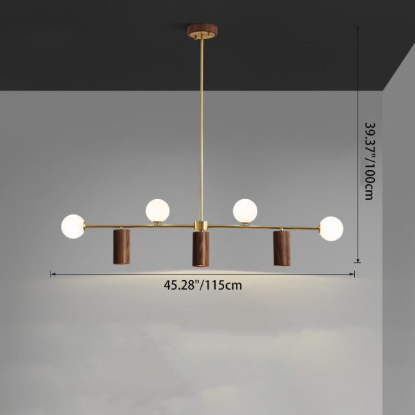 Contemporary Nordic Walnut Brass Glass Ball & Cylinder Spotlight 4-Light LED Chandelier Island Light For Dining Room - Image 5