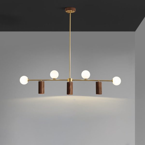 Contemporary Nordic Walnut Brass Glass Ball & Cylinder Spotlight 4-Light LED Chandelier Island Light For Dining Room - Image 3