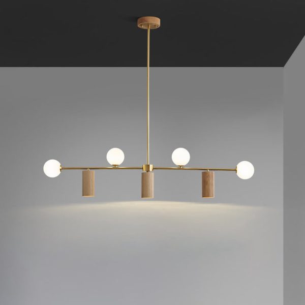 Contemporary Nordic Walnut Brass Glass Ball & Cylinder Spotlight 4-Light LED Chandelier Island Light For Dining Room - Image 4