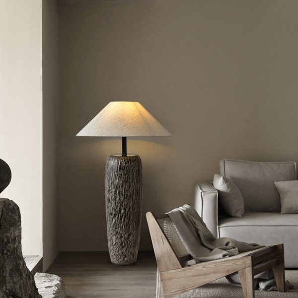 Traditional Japanese Ceramic Fabric Jar & Cone 1-Light Standing Floor Lamp For Living Room