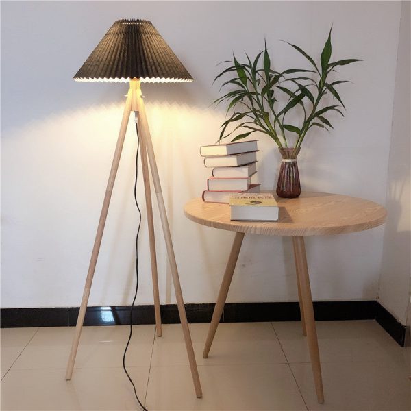 Contemporary Nordic Wood & Fabric Pleated Tripod 1-Light Standing Floor Lamp For Living Room And Bedroom - Image 2
