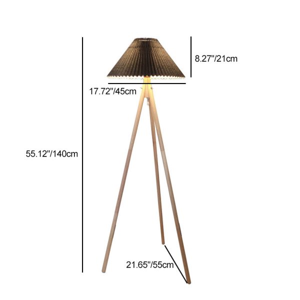 Contemporary Nordic Wood & Fabric Pleated Tripod 1-Light Standing Floor Lamp For Living Room And Bedroom - Image 5