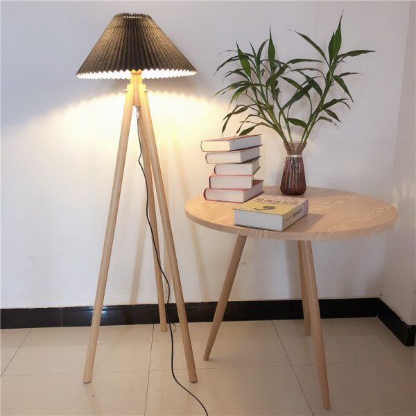 Contemporary Nordic Wood & Fabric Pleated Tripod 1-Light Standing Floor Lamp For Living Room And Bedroom - Image 4