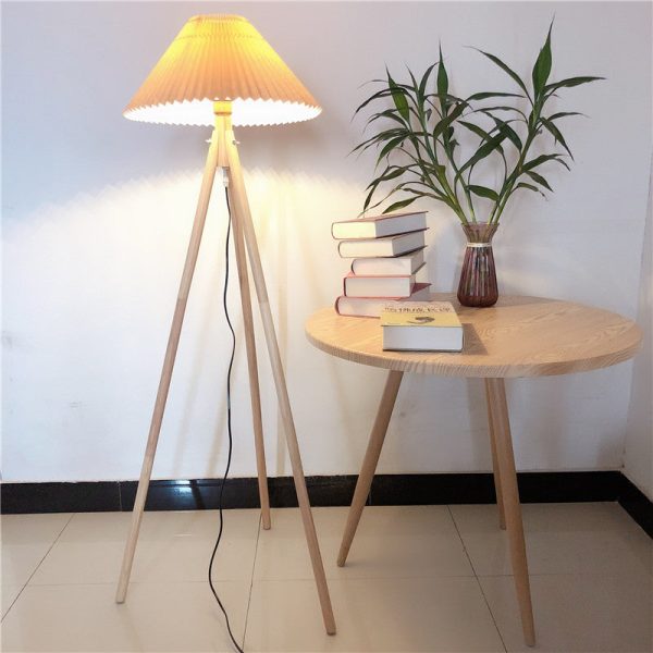 Contemporary Nordic Wood & Fabric Pleated Tripod 1-Light Standing Floor Lamp For Living Room And Bedroom - Image 3
