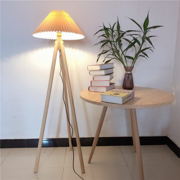 Contemporary Nordic Wood & Fabric Pleated Tripod 1-Light Standing Floor Lamp For Living Room And Bedroom - Image 8
