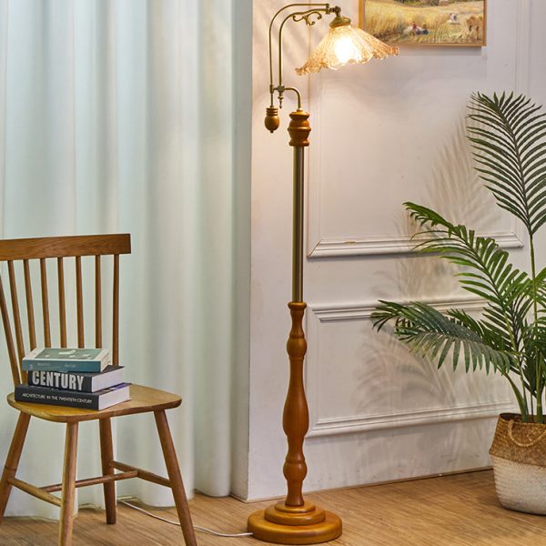 Traditional Vintage Glass Solid Wood & Metal Cracked Floral Shade 1-Light Standing Floor Lamp For Living Room And Bedroom