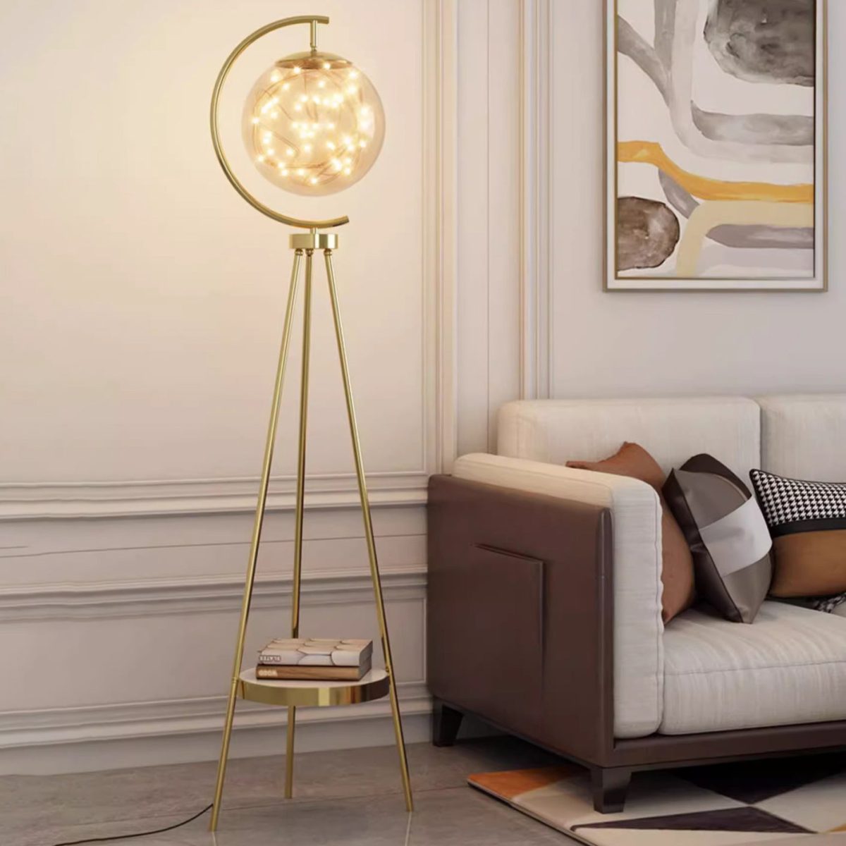 Contemporary Nordic Glass & Metal Starry Globe LED Standing Floor Lamp With Shelf For Living Room And Bedroom - Image 1
