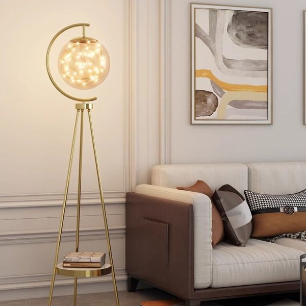 Contemporary Nordic Glass & Metal Starry Globe LED Standing Floor Lamp With Shelf For Living Room And Bedroom - Image 4