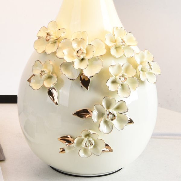 Contemporary Nordic Ceramic Fabric Floral Column 1-Light Table Lamp For Bedroom And Living Room - Image 9