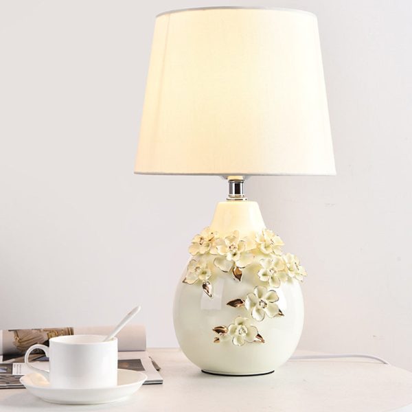 Contemporary Nordic Ceramic Fabric Floral Column 1-Light Table Lamp For Bedroom And Living Room - Image 13
