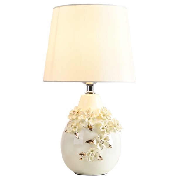 Contemporary Nordic Ceramic Fabric Floral Column 1-Light Table Lamp For Bedroom And Living Room - Image 14