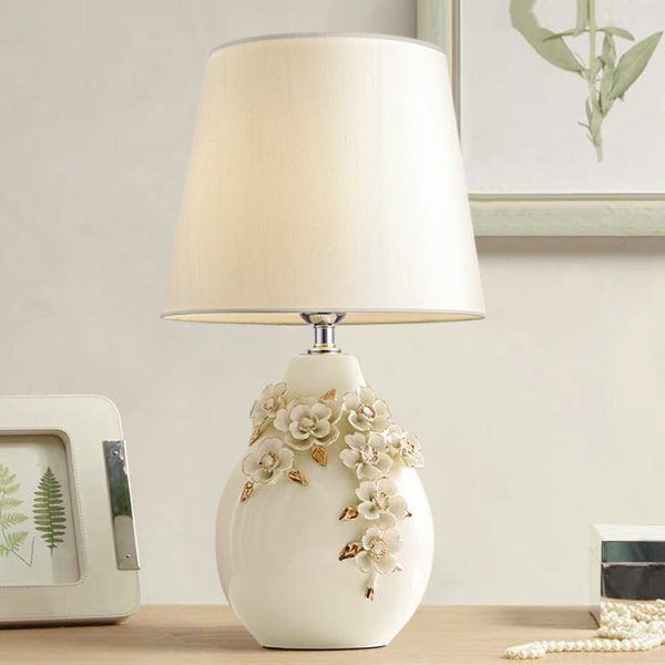 Contemporary Nordic Ceramic Fabric Floral Column 1-Light Table Lamp For Bedroom And Living Room - Image 4